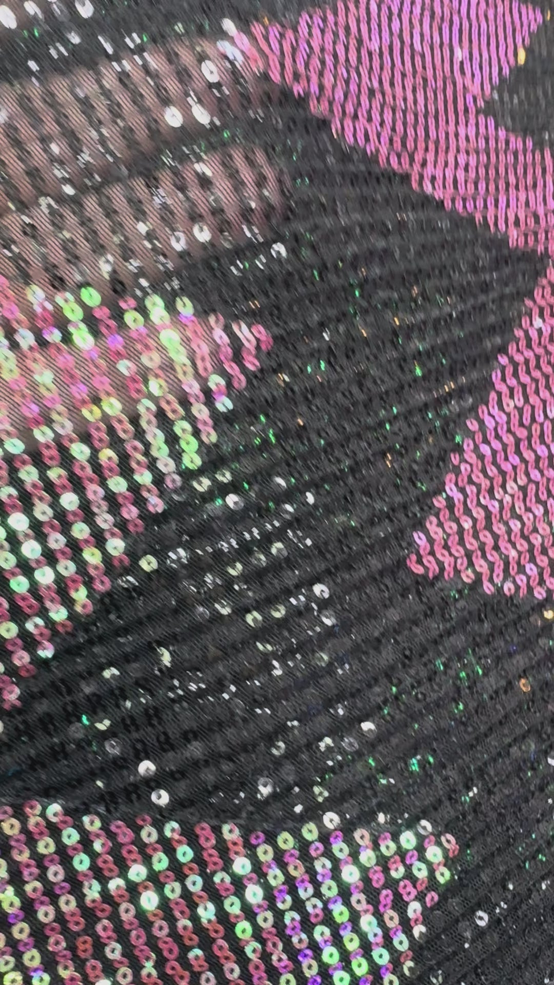Pink-Green Iridescent Chevron Sequin Fabric on Black Mesh