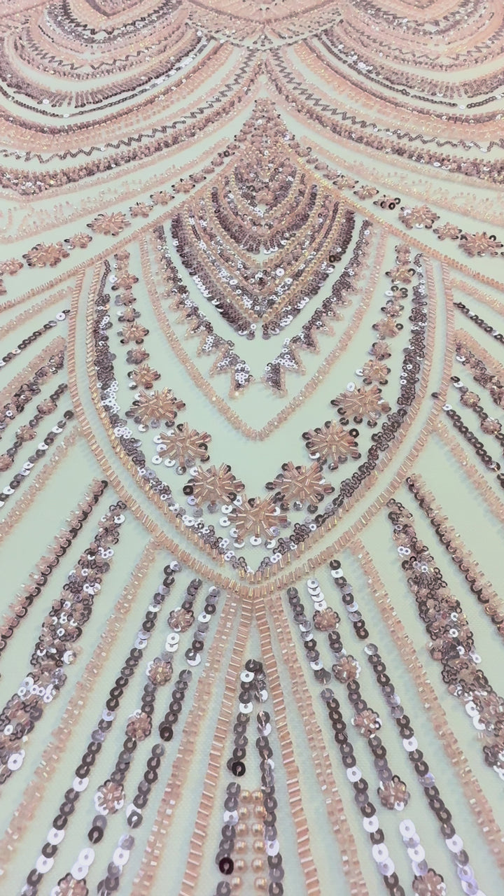 Luxury Rose Gold Art Deco Sequin Embroidered Tulle Fabric (1 Piece = 5 Meter)