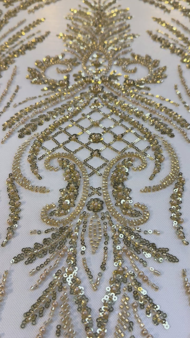 Luxury Gold Beaded & Sequin Embroidered Tulle Fabric