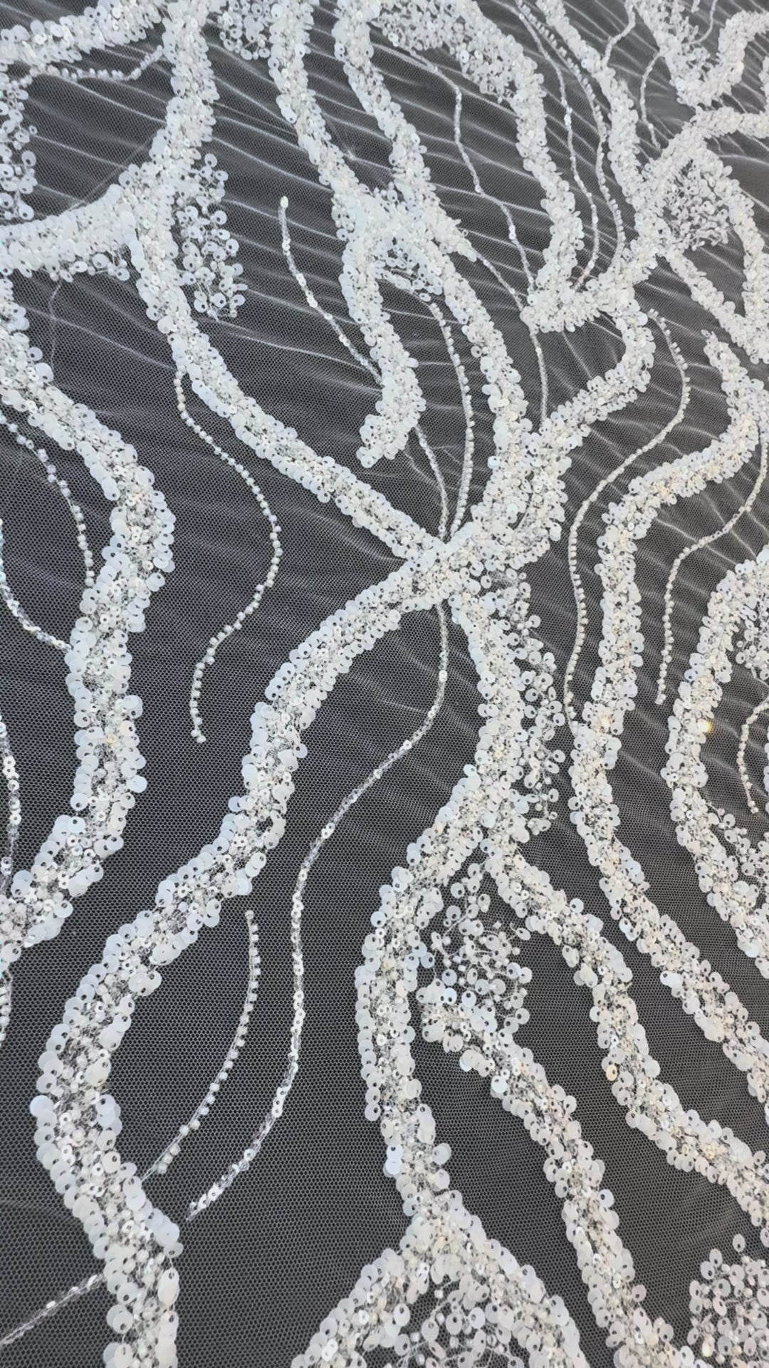 Luxury White Beads Silver Sequin Waves on Black Tulle Mesh – Couture Evening Fabric( 1 Piece = 3 Meter)