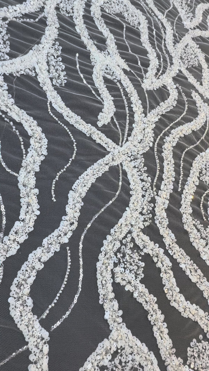 Luxury White Beads Silver Sequin Waves on Black Tulle Mesh – Couture Evening Fabric( 1 Piece = 3 Meter)