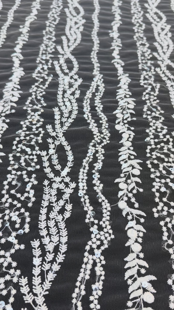 0Luxury White Floral Sequin Embroidered Tulle Lace Fabric – Bridal & Evening Wear