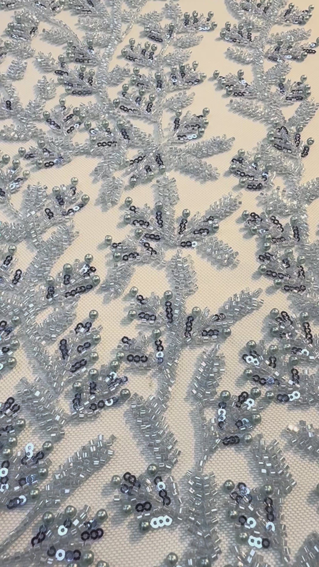 Luxury Sky Blue Beaded & Pearl Embroidered Tulle Fabric – Haute Couture Evening & Bridal Wear( 1 Piece = 2 Meter)