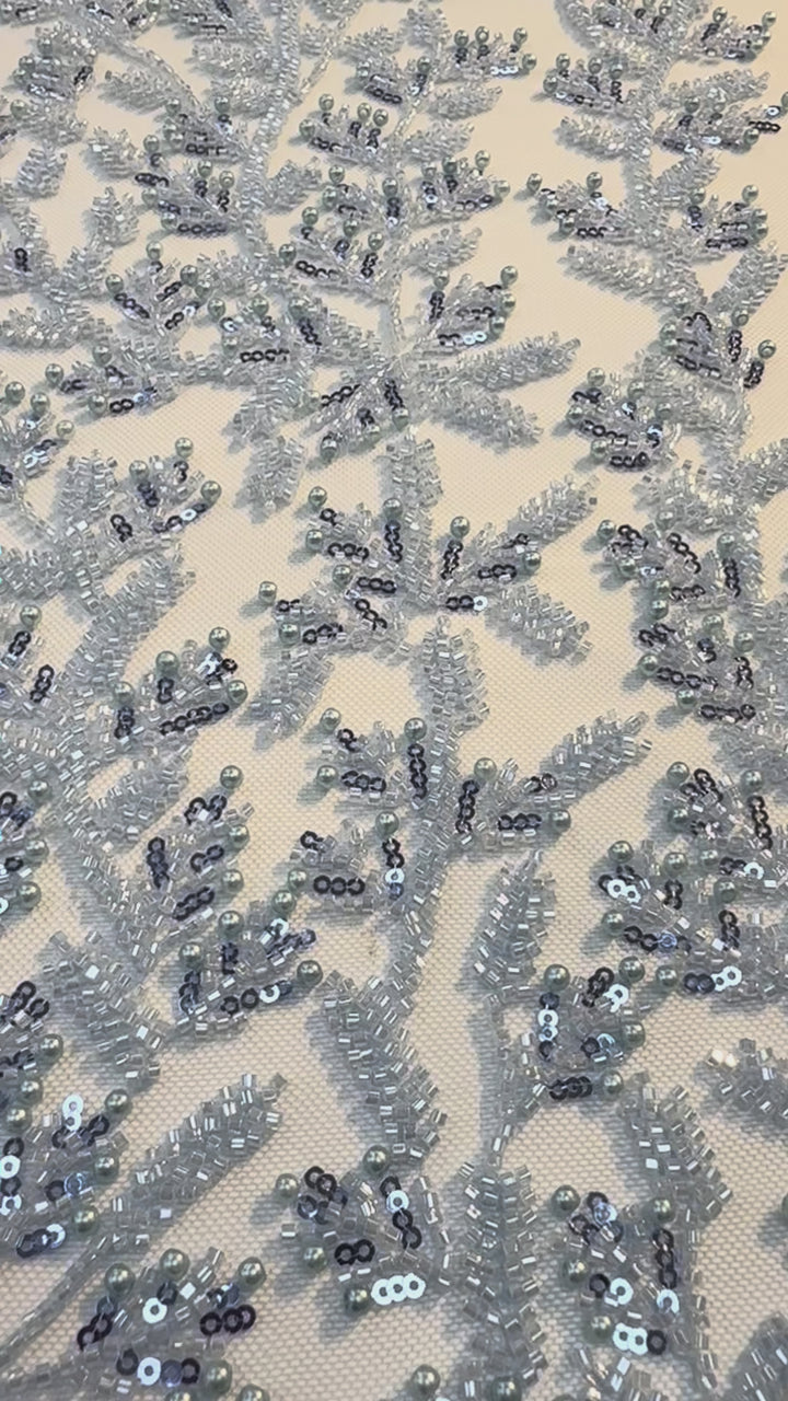 Luxury Sky Blue Beaded & Pearl Embroidered Tulle Fabric – Haute Couture Evening & Bridal Wear( 1 Piece = 2 Meter)