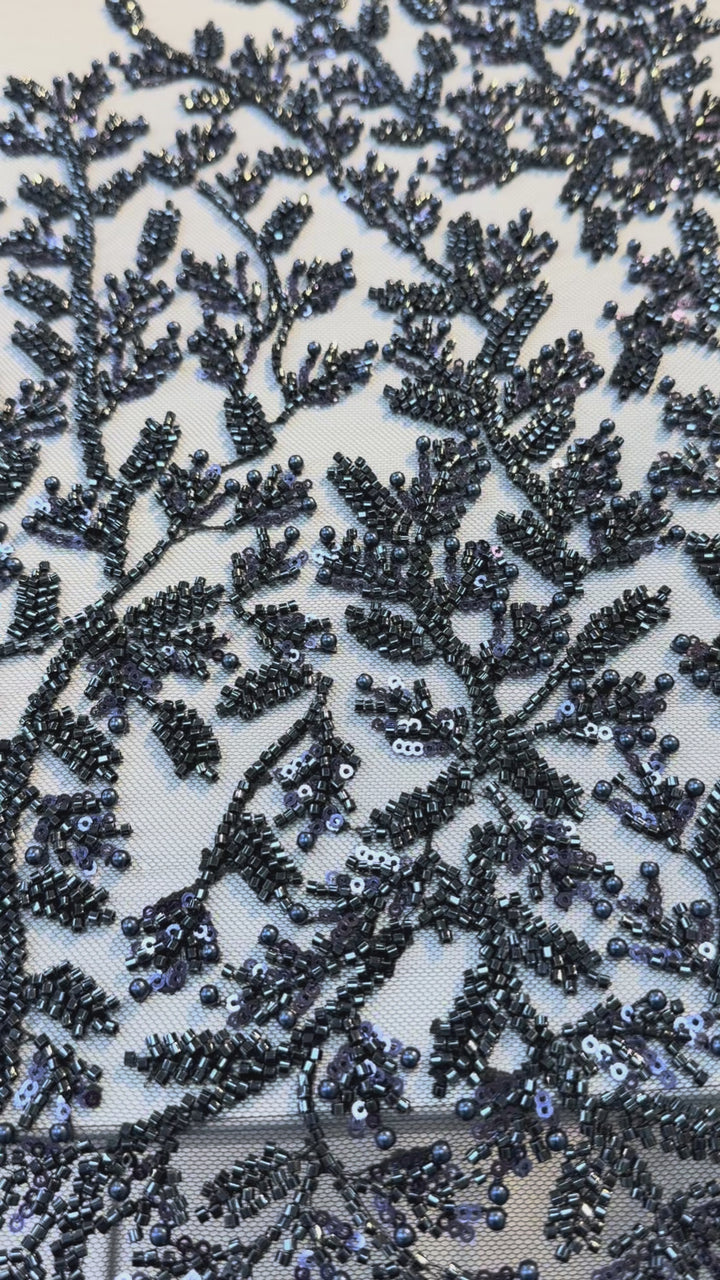 Luxury Navy Beaded Sequin Lace Fabric – Haute Couture Embroidery for Evening Gowns & Dresses ( 1 Piece = 2.5 Meter)
