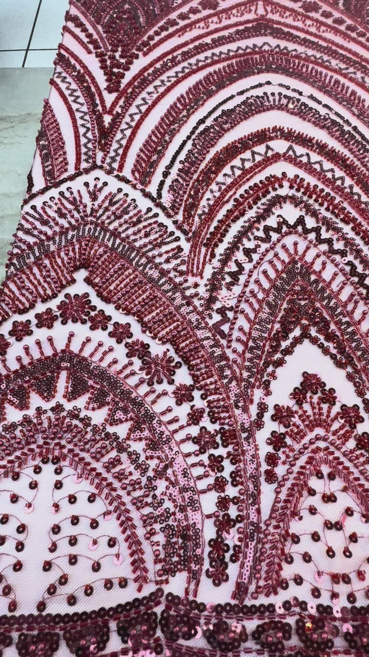 Luxury Burgundy Embroidered Tulle Fabric (1 Piece = 3 Meter)