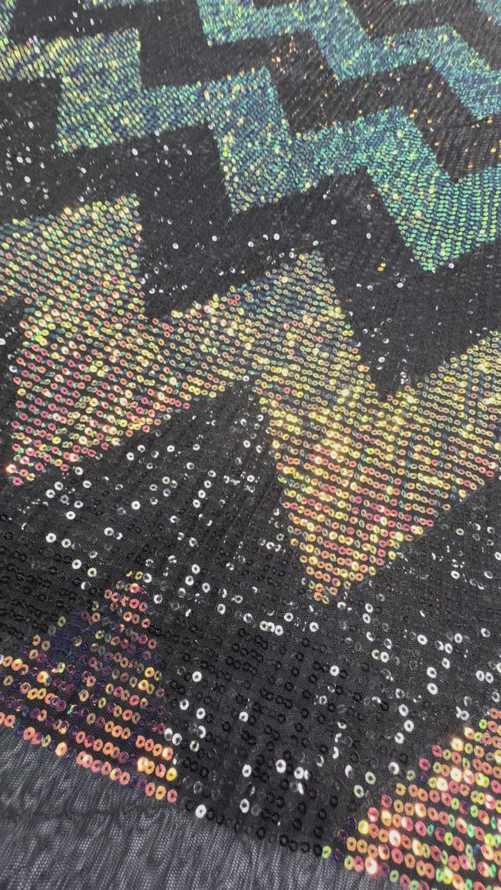 Chevron Holographic Sequin Fabric on Black Mesh