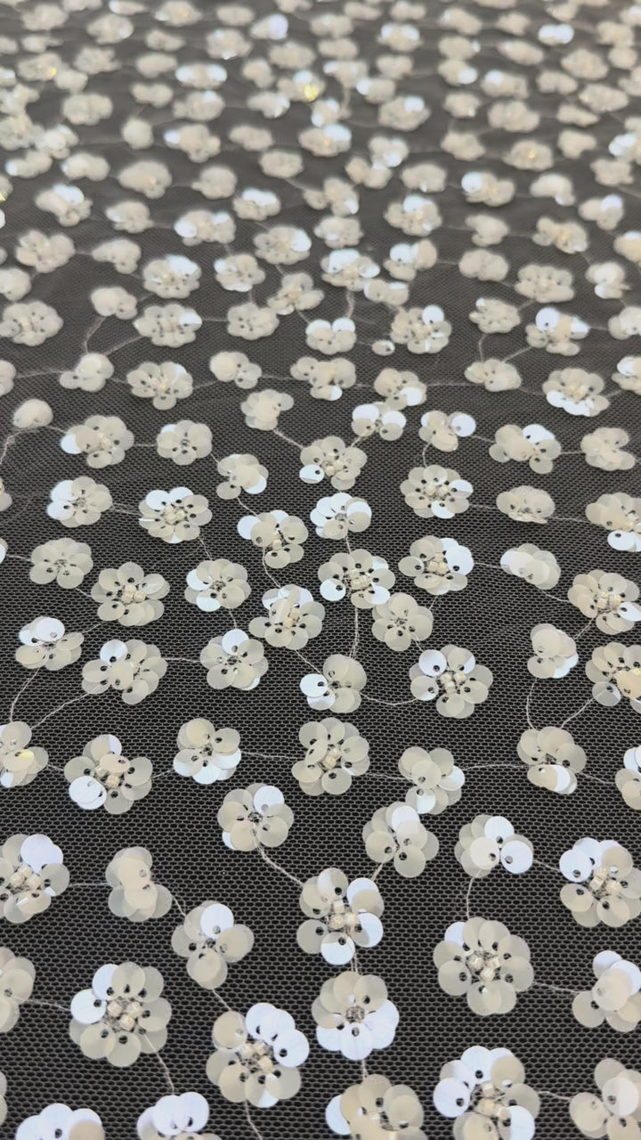 Luxury White Sequin Floral Lace Fabric ,  Tulle for Haute Couture  bridal & Evening Gowns- minimum of 4 meters