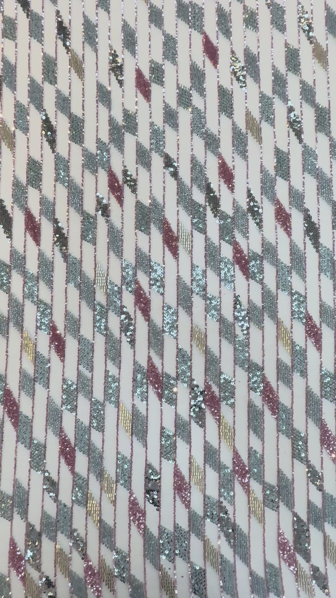 Geometric Diamond Sequin Beaded Tulle Fabric – Silver, Rose Gold & Champagne Couture Material (1 Piece = 5 Meter)