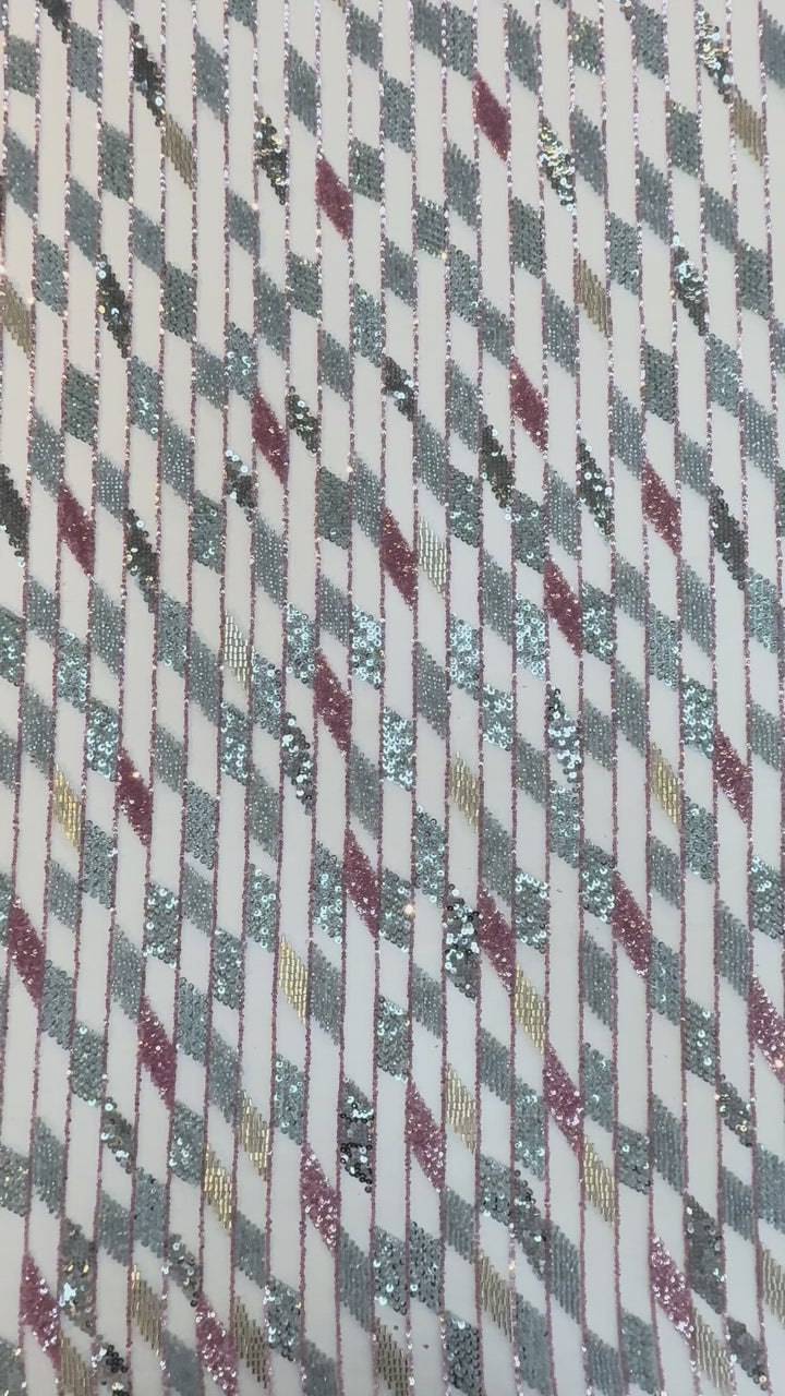 Geometric Diamond Sequin Beaded Tulle Fabric – Silver, Rose Gold & Champagne Couture Material (1 Piece = 5 Meter)