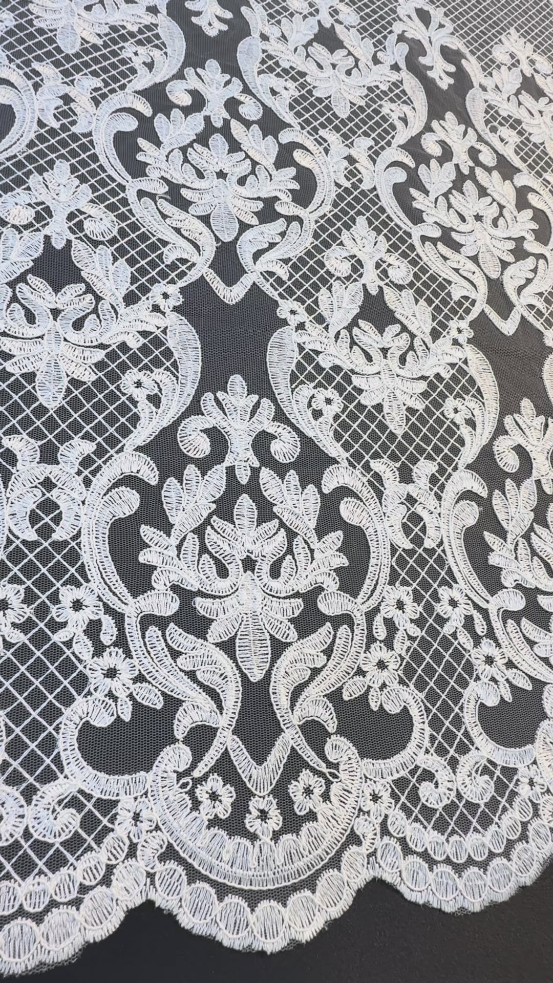 Luxury Baroque-Inspired White Embroidered Lace Fabric with Scalloped Edge( 1 Piece = 3.5 Meter)