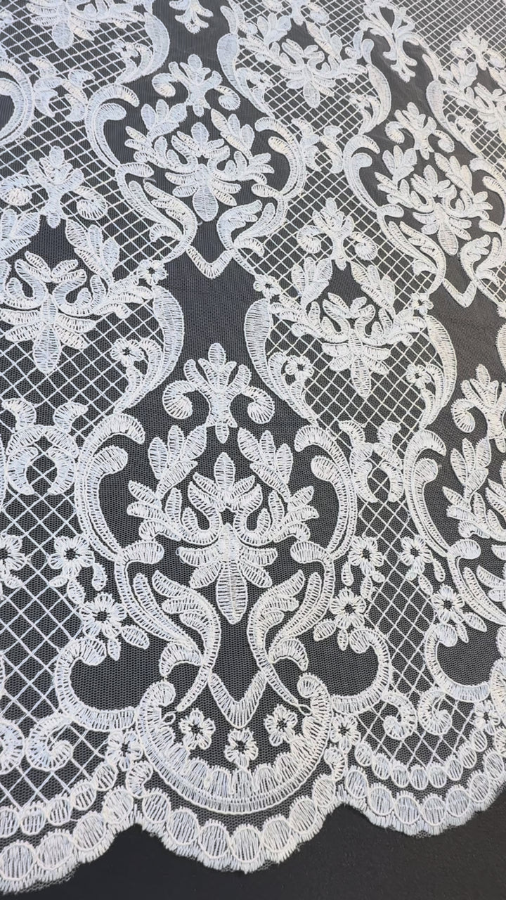 Luxury Baroque-Inspired White Embroidered Lace Fabric with Scalloped Edge( 1 Piece = 3.5 Meter)