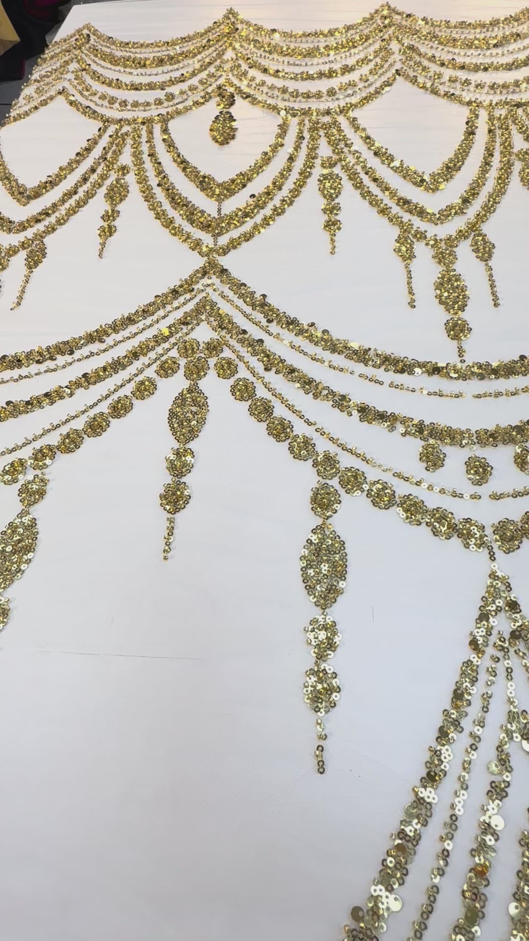 Luxury Gold Sequin Draped Embroidery Fabric – Haute Couture Bridal & Evening Wear (1 Piece = 5 Meter)