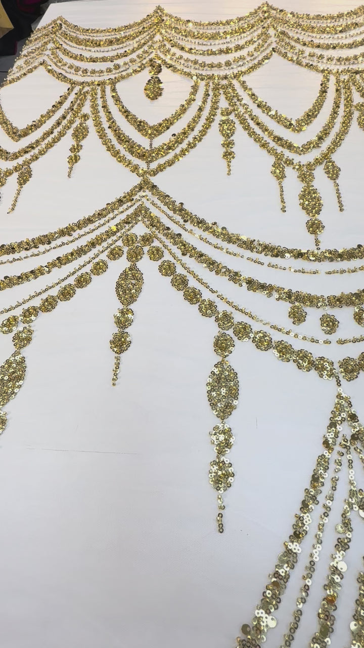 Luxury Gold Sequin Draped Embroidery Fabric – Haute Couture Bridal & Evening Wear (1 Piece = 5 Meter)