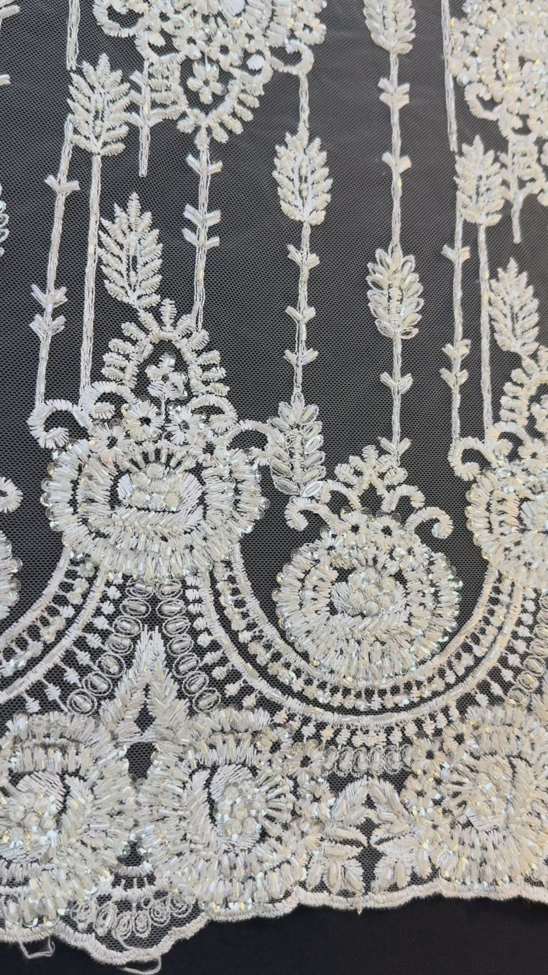 Luxury Ivory Sequin & Beaded Floral Lace Fabric with Scalloped Border – Bridal & Evening Couture( 1 Piece = 2 Meter)