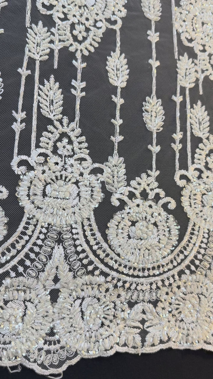 Luxury Ivory Sequin & Beaded Floral Lace Fabric with Scalloped Border – Bridal & Evening Couture( 1 Piece = 2 Meter)