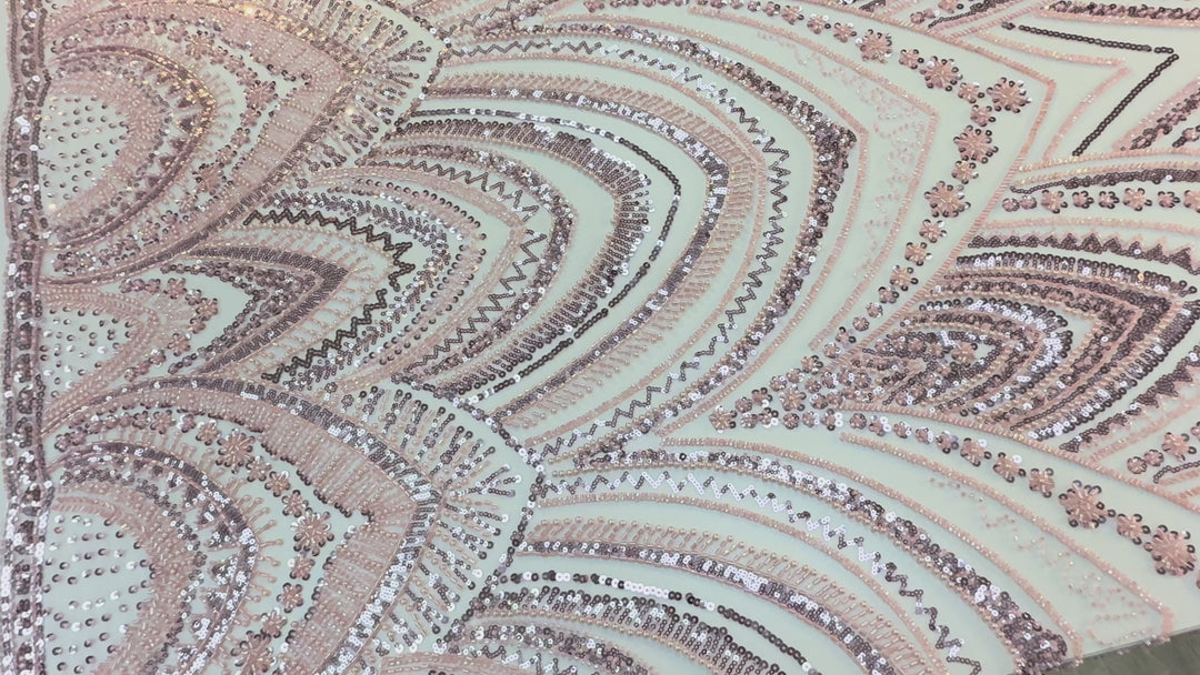 Luxury Rose Gold Art Deco Sequin Embroidered Tulle Fabric (1 Piece = 5 Meter)
