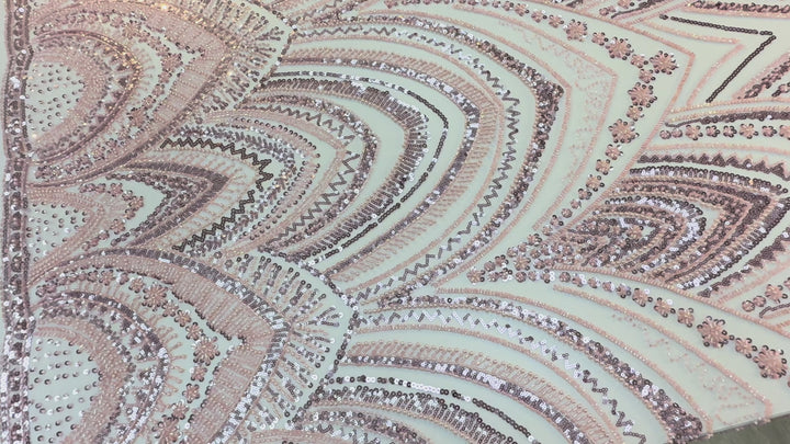 Luxury Rose Gold Art Deco Sequin Embroidered Tulle Fabric (1 Piece = 5 Meter)