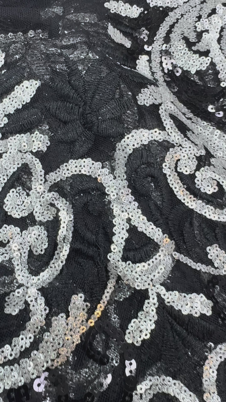Black & Silver Baroque Sequin Lace – Regal Embroidered Couture Fabric