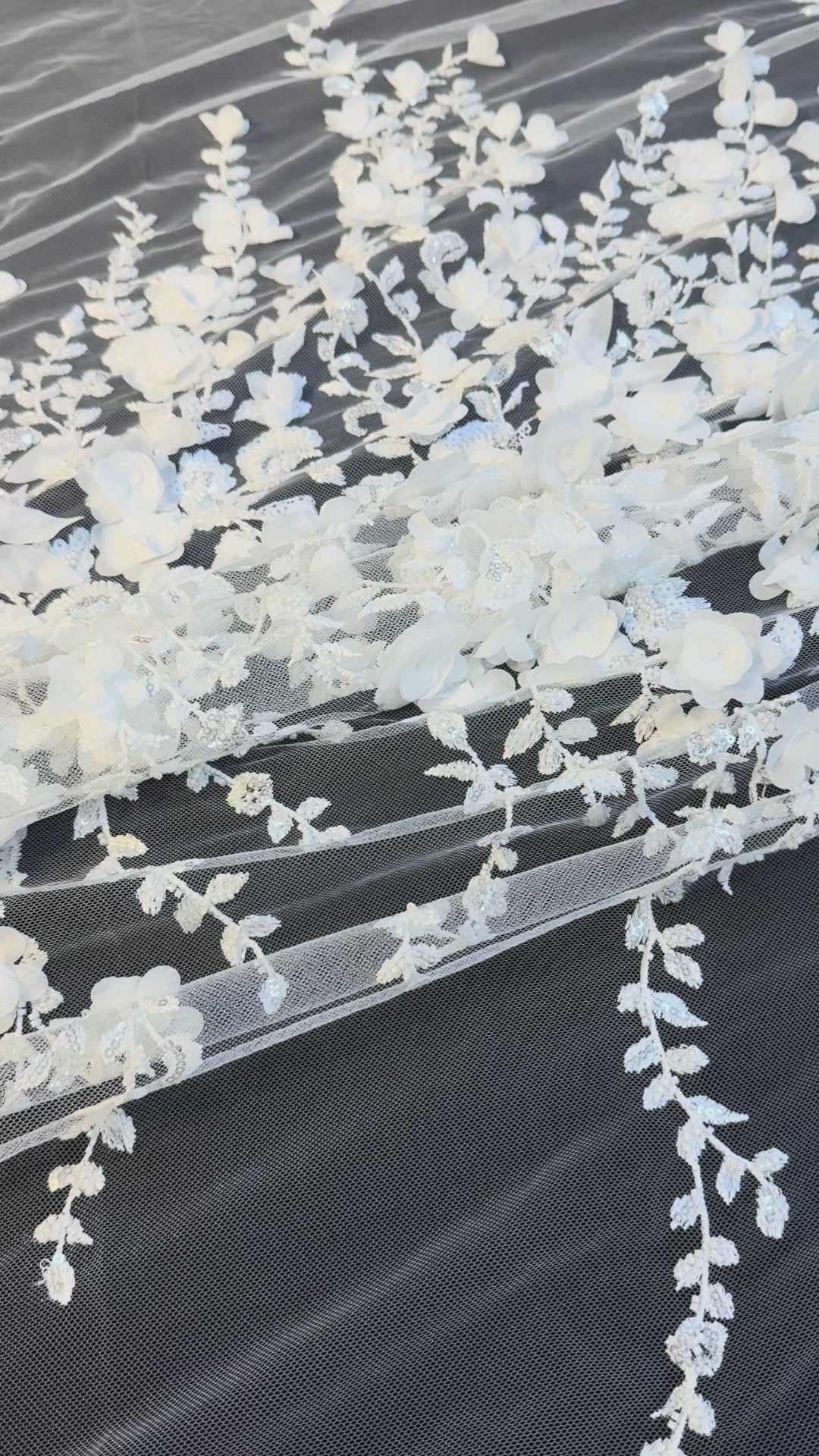 Luxury White 3D Floral Embroidered Lace with Sequins & Beads – Bridal & Evening Couture Fabric (1 Piece is 4 Meter)
