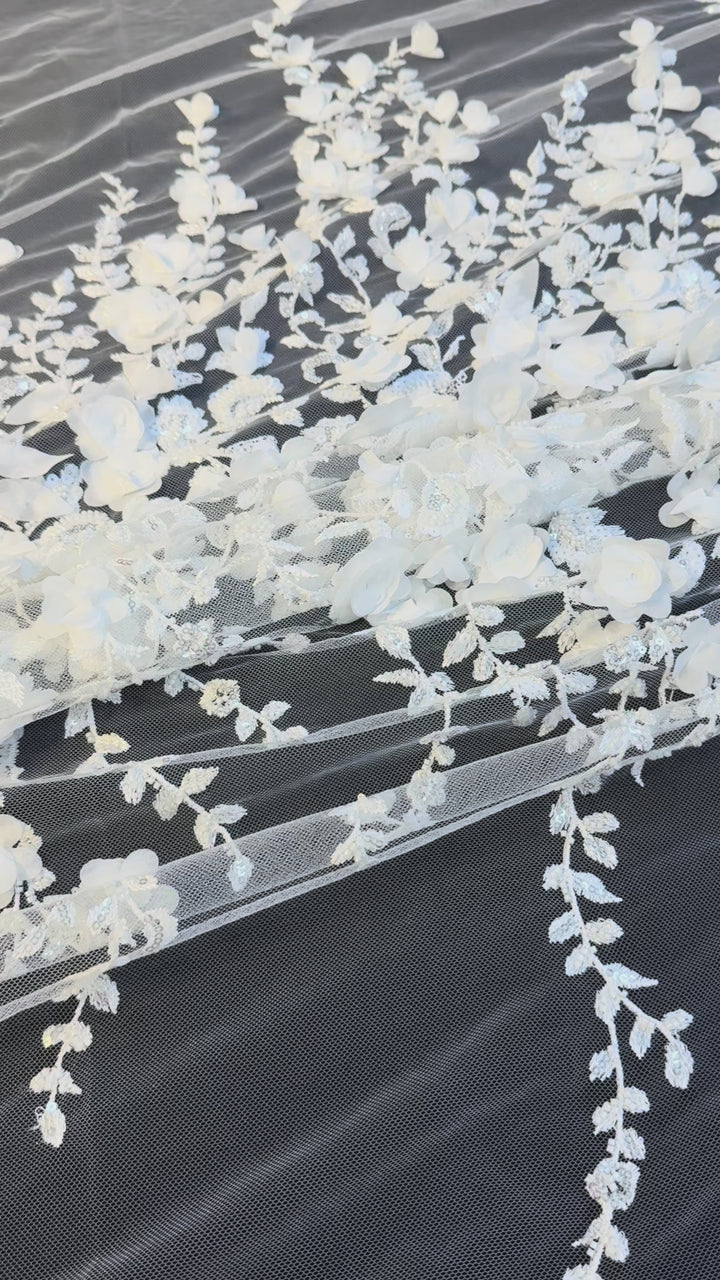 Luxury White 3D Floral Embroidered Lace with Sequins & Beads – Bridal & Evening Couture Fabric (1 Piece is 4 Meter)