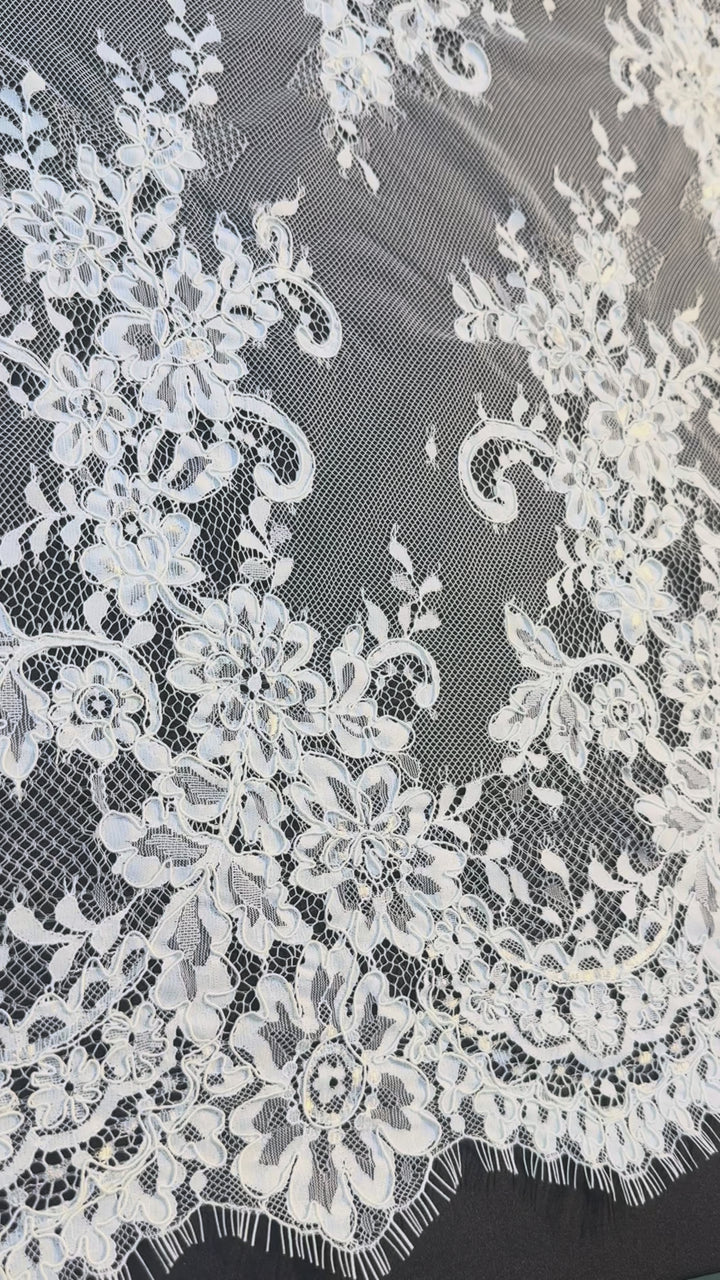 Luxury White French Lace with Floral Embroidery & Scalloped Edges( 1 Piece = 3 Meter)