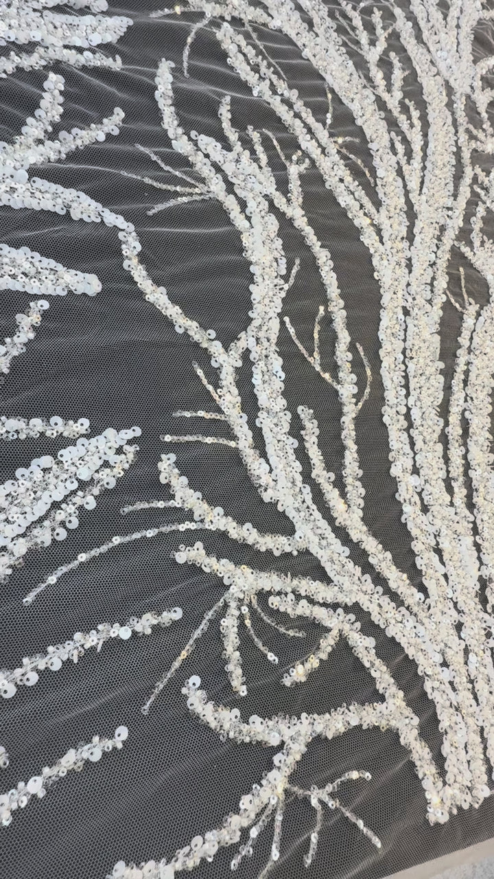 Luxury Silver Sequin Embroidered Tulle – Tree Branch Design