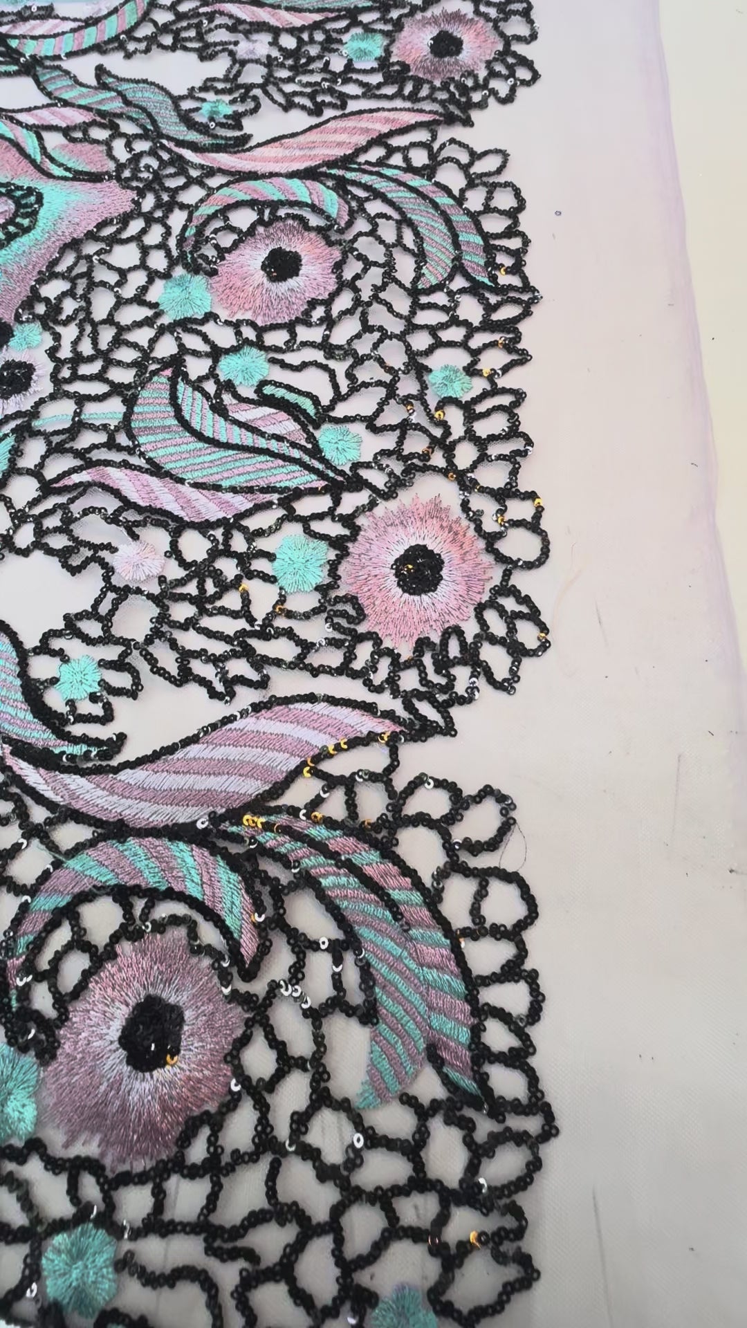 Luxury Pastel Embroidered Lace with Black Sequin Accents