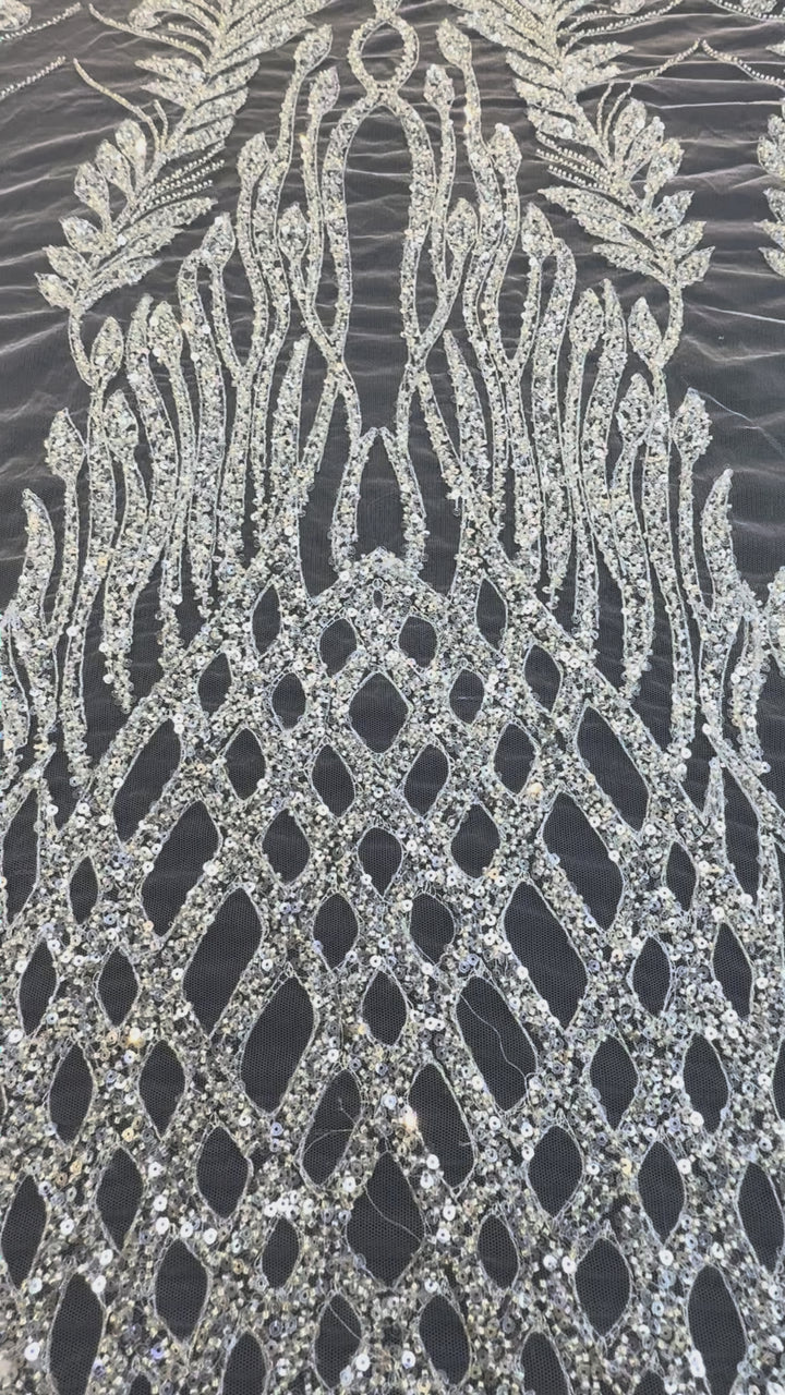 Luxury sequined and beaded tulle with a dramatic flame-like and foliage-inspired motif( 1 Piece = 5 Meter)