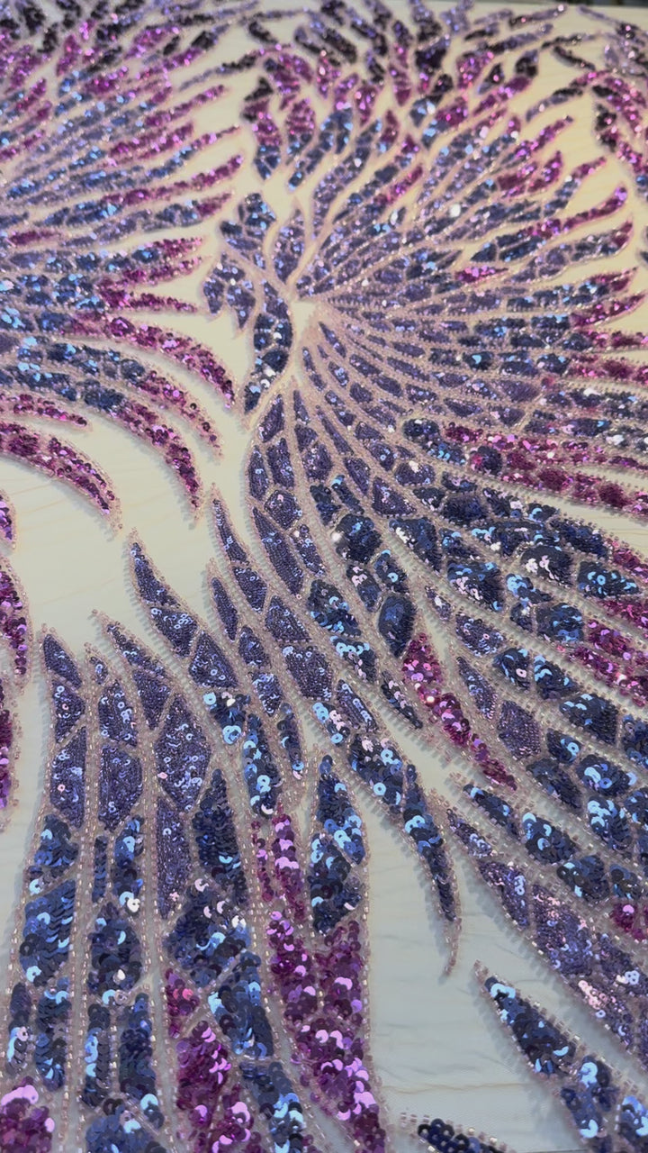Luxury Ombre Sequin Beaded Fabric in Purple & Blue Tones – Couture Evening & Bridal Wear ( 1 Piece = 1.5 Meter)