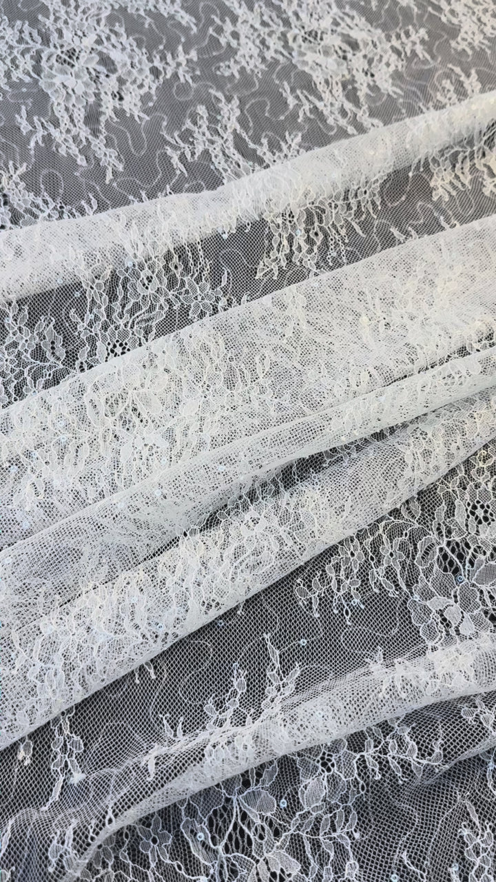 Luxury Ivory Chantilly Lace on white Tulle with Sequins – Bridal & Haute Couture Fabric