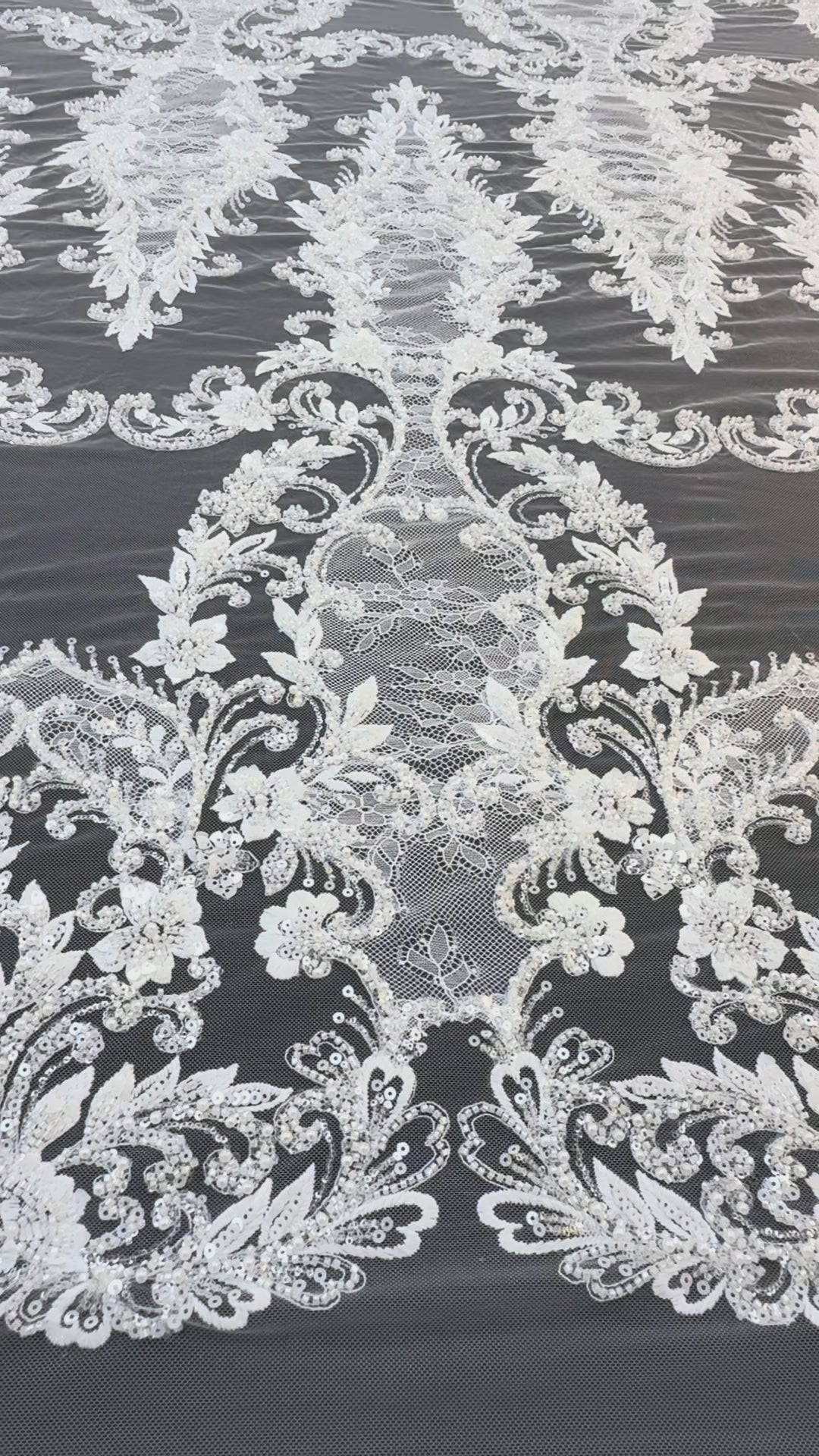 Luxury Baroque Floral Sequin Embroidered Lace on White Tulle( 1 Piece = 1.8 Meter)