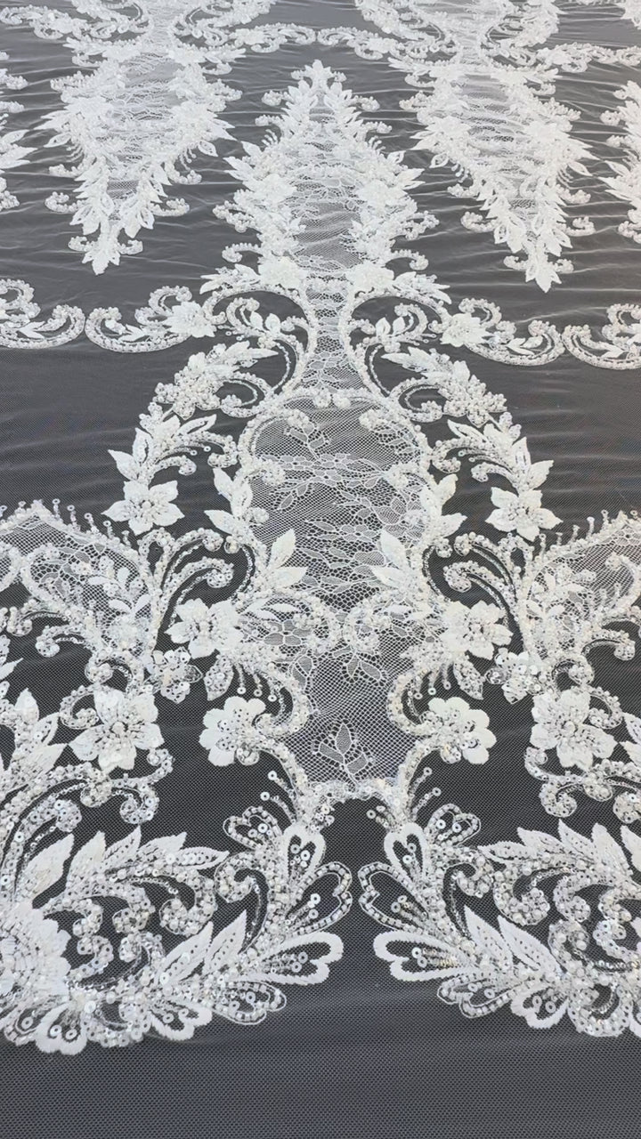 Luxury Baroque Floral Sequin Embroidered Lace on White Tulle( 1 Piece = 1.8 Meter)