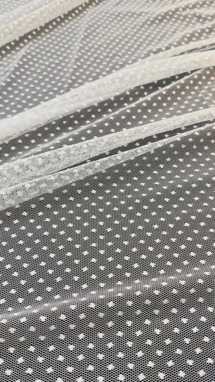 Luxury White Polka Dot Tulle Fabric – Soft Sheer Mesh for Couture & Bridal( 1 Piece = 5 Meter)