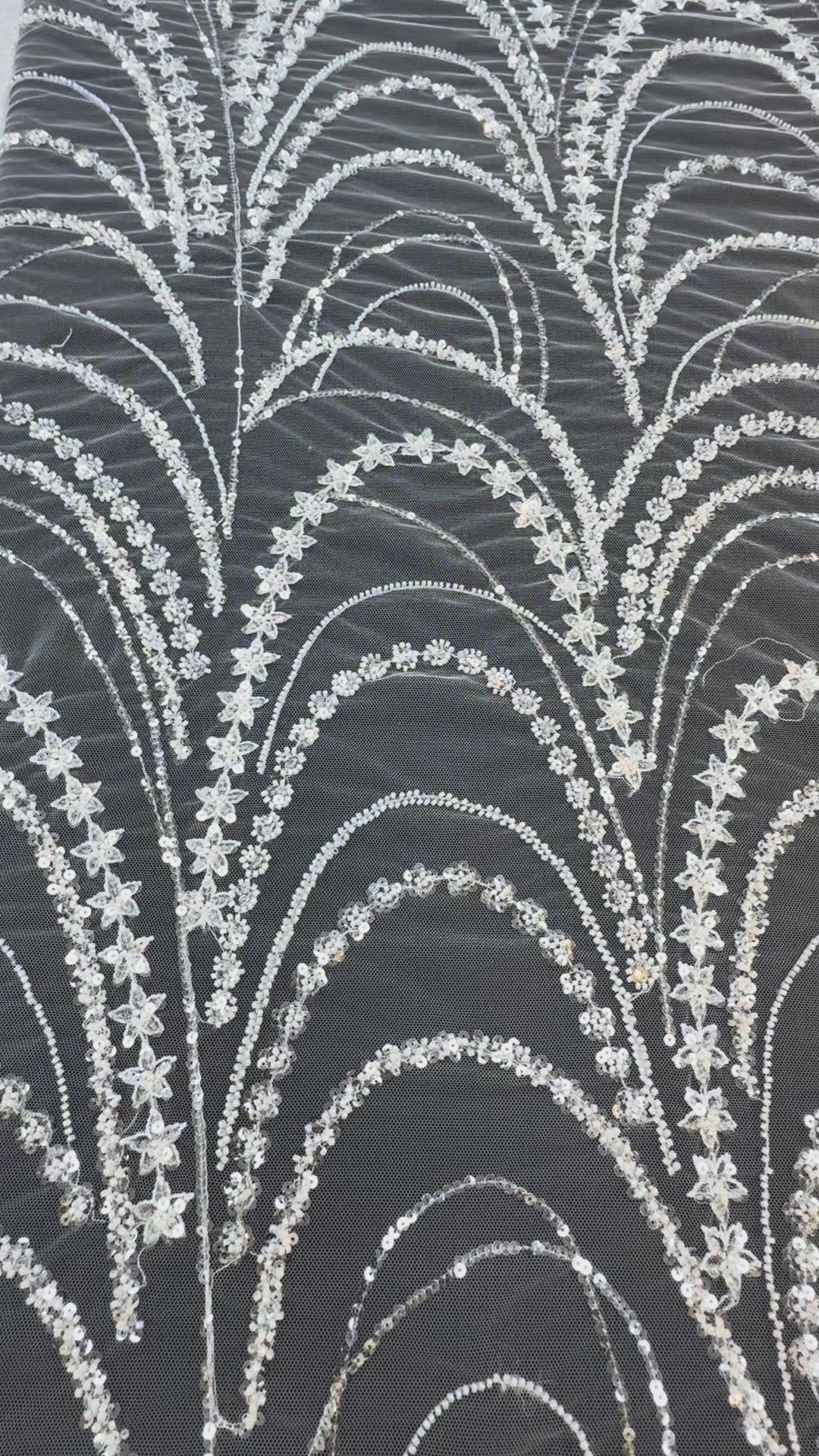 Luxury Silver Sequin & Star Embroidered Tulle Fabric – Celestial Glamour Couture Lace( 1 Piece = 3.5 Meter)