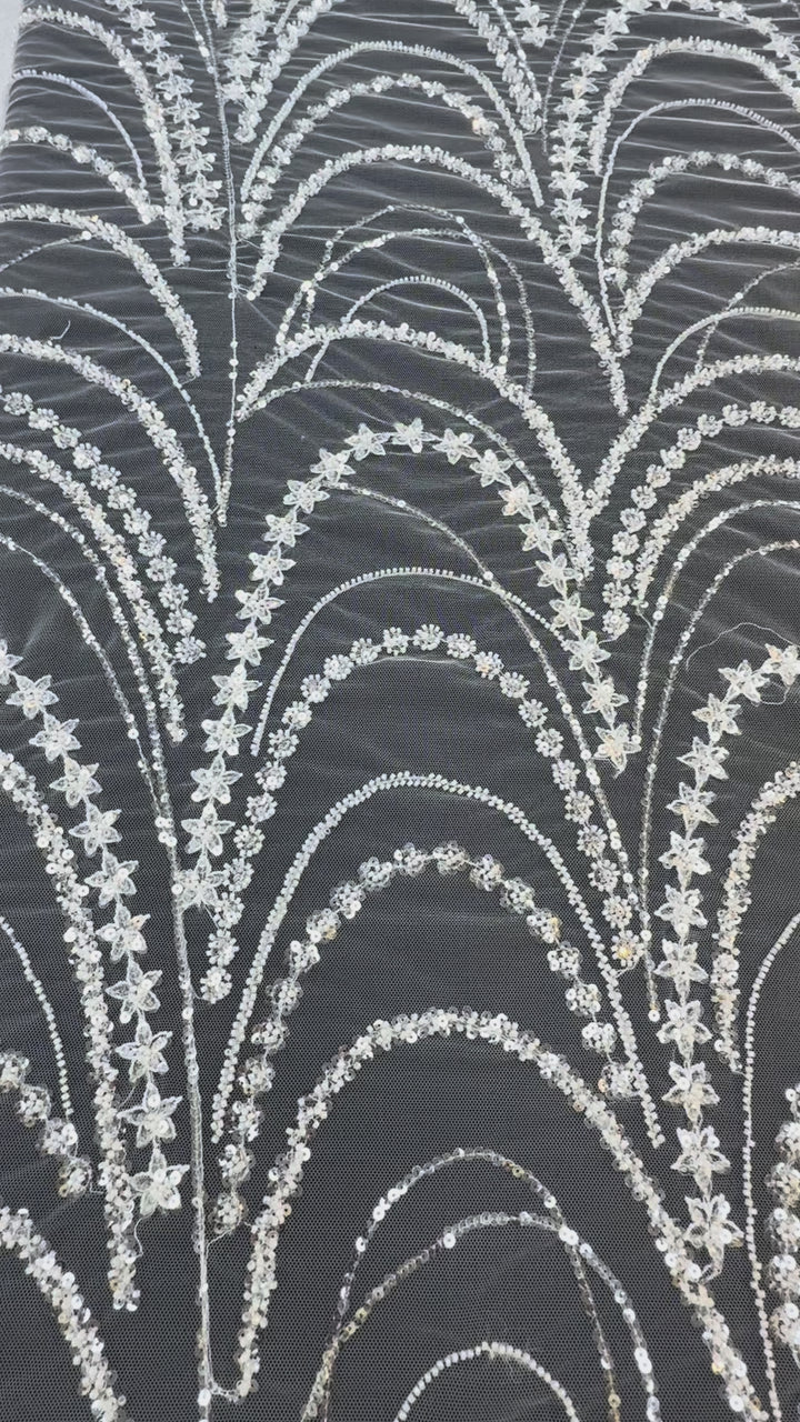 Luxury Silver Sequin & Star Embroidered Tulle Fabric – Celestial Glamour Couture Lace( 1 Piece = 3.5 Meter)