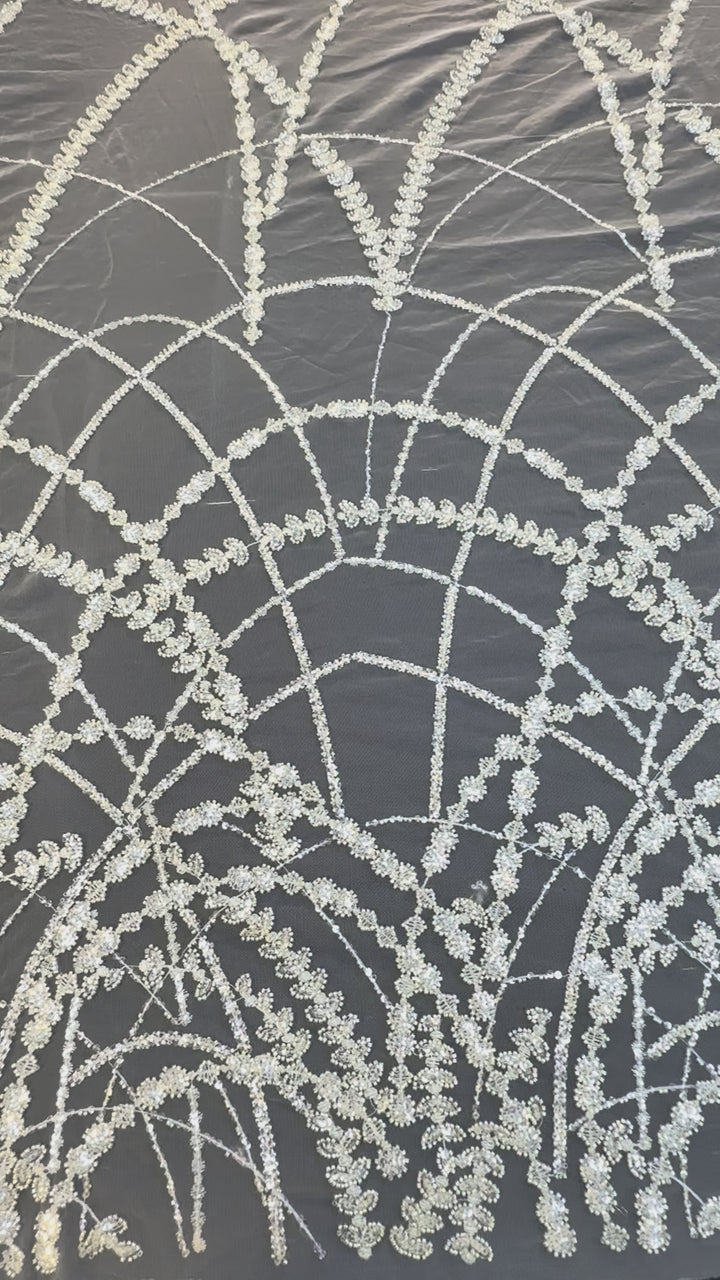 Luxury Silver Sequin Net Fabric – Couture Beaded Embroidery for Evening & Bridal Gowns( 1 Piece = 3.5 Meter)
