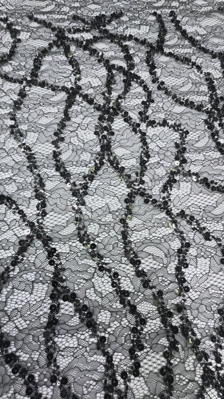 Black Beaded Sequin French Lace with Abstract Pattern
