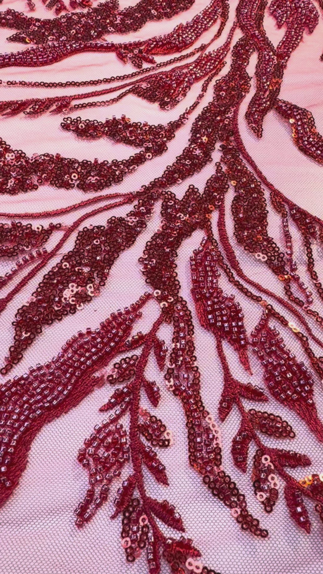 Luxury Red Floral Sequin & Beaded Embroidered Tulle Fabric – Haute Couture Design (1 Piece = 2.5 Meter)