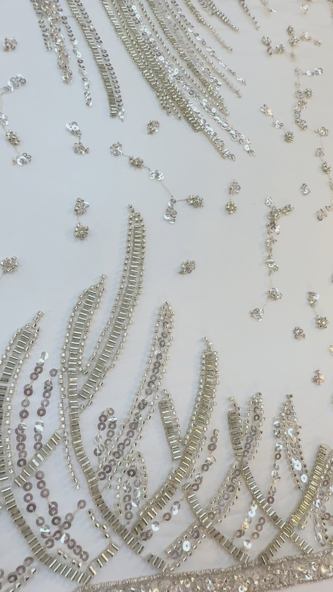 Luxury Silver & Lime Sequin Feather Waves Tulle Fabric (1 Piece = 3 Meter)
