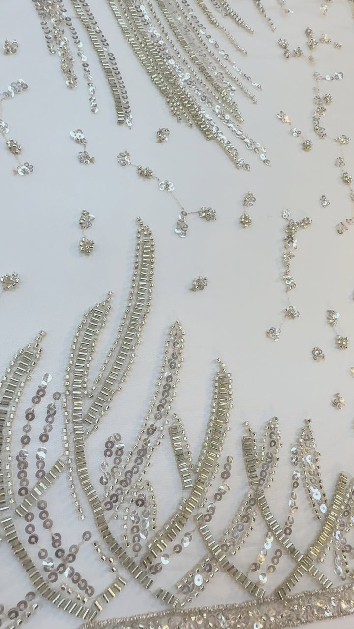 Luxury Silver & Lime Sequin Feather Waves Tulle Fabric (1 Piece = 3 Meter)