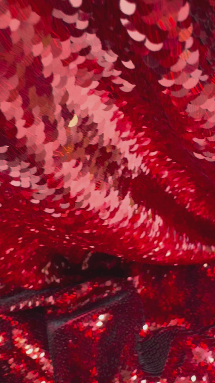 Italian Luxury Red Sequin Fabric – Bold High-Shine Couture Textile ( 1 Piece = 2.5)