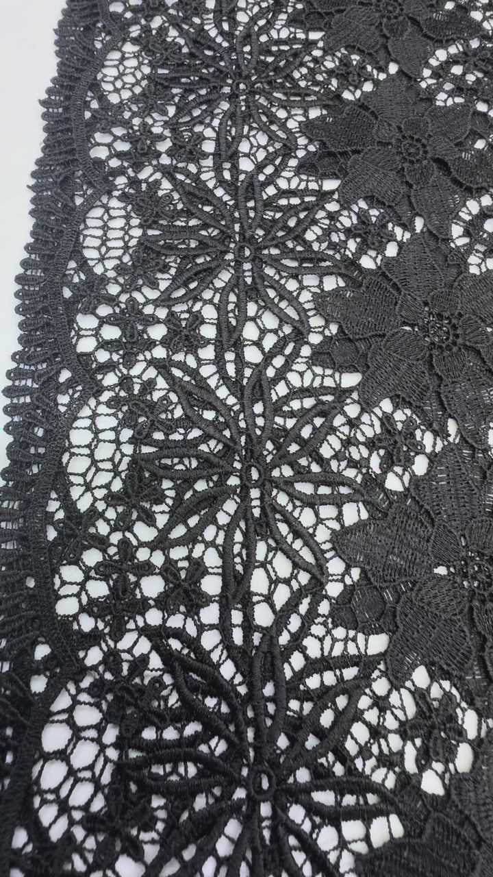 Black Floral Guipure Fabric with Ornate Border