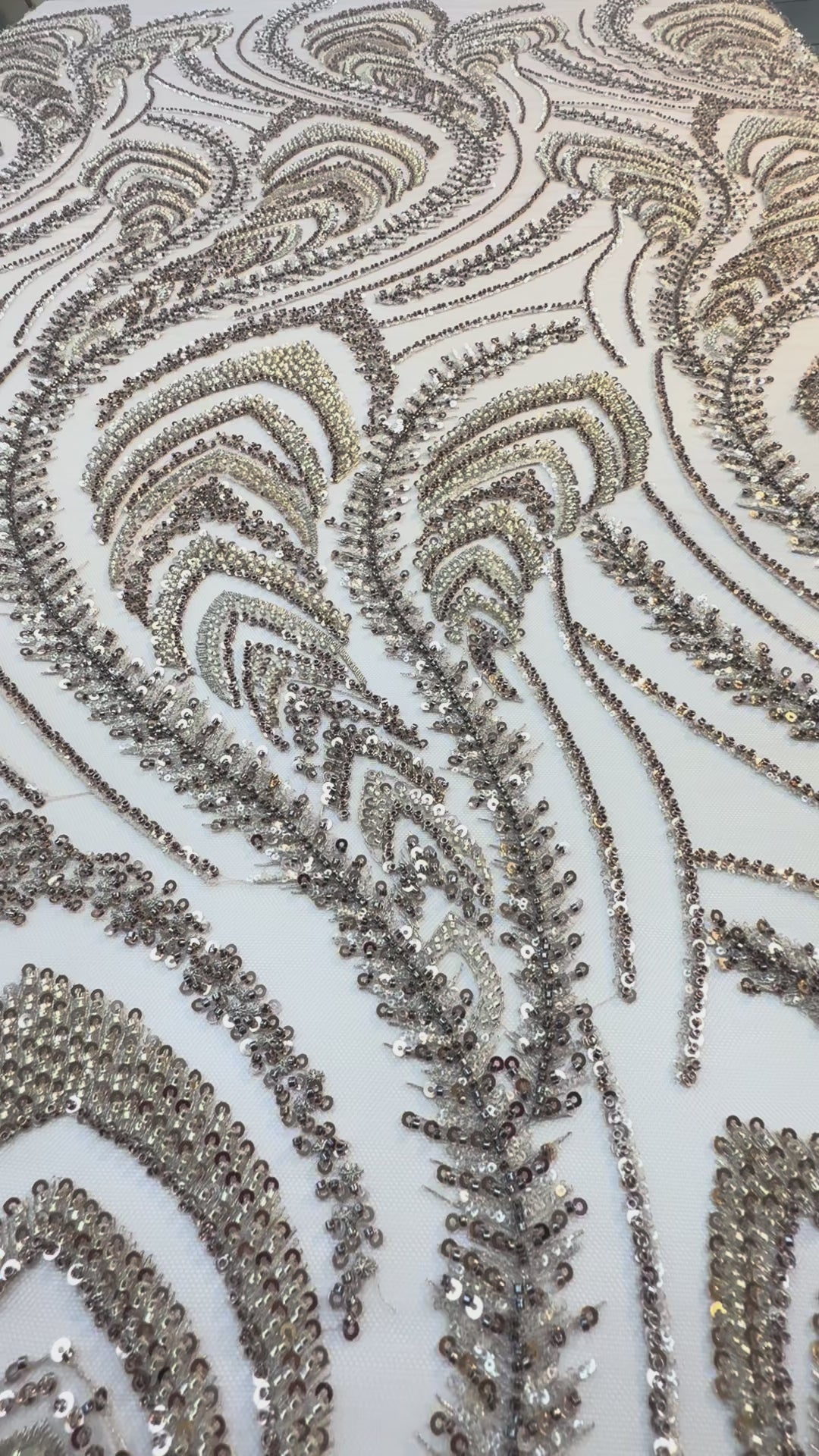 Luxury Blush Gold Sequin Embroidered Tulle Fabric – Feather & Leaf Pattern ( 1 piece = 4 Meter)