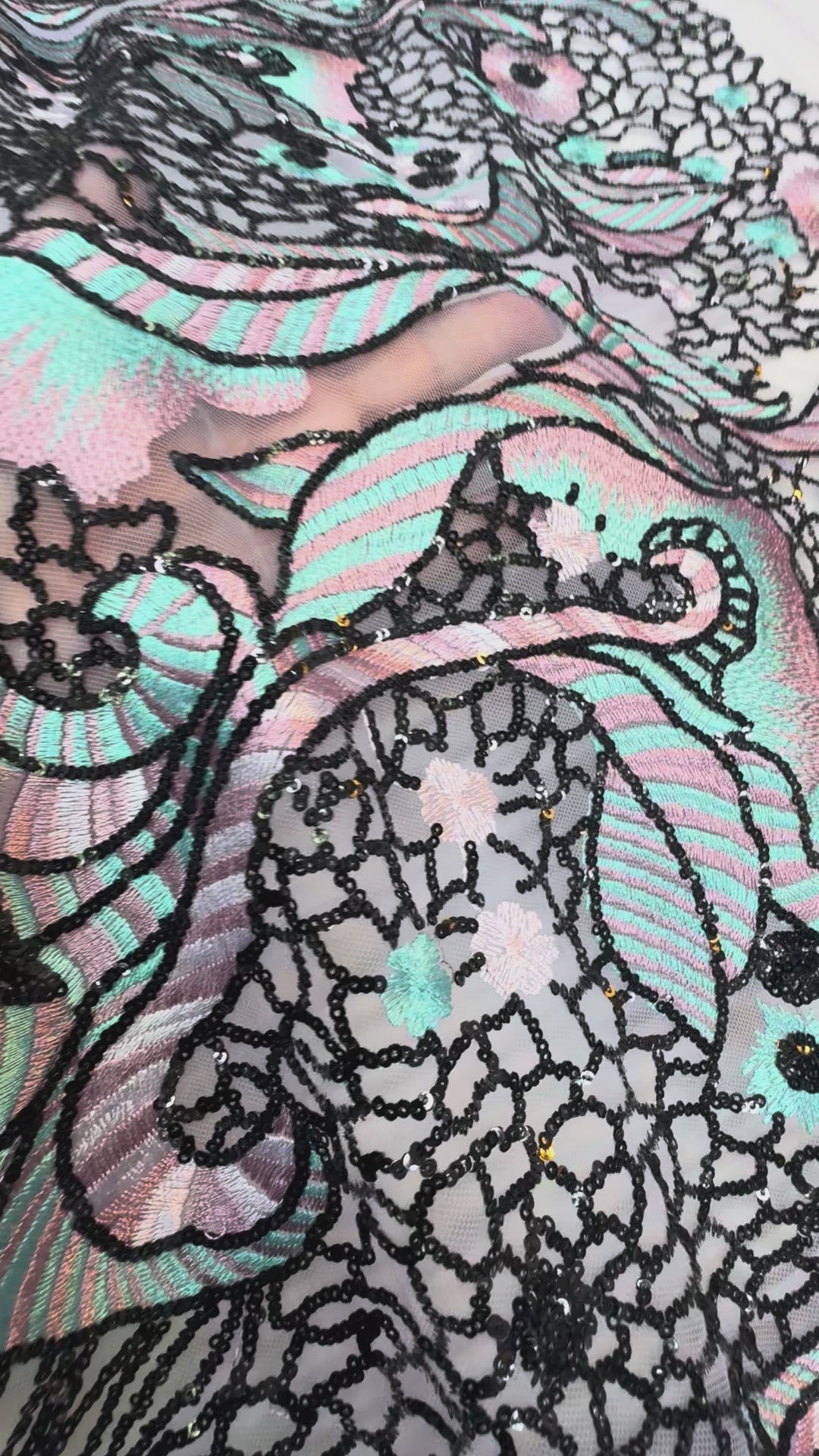 Luxury Pastel Embroidered Lace with Black Sequin Accents