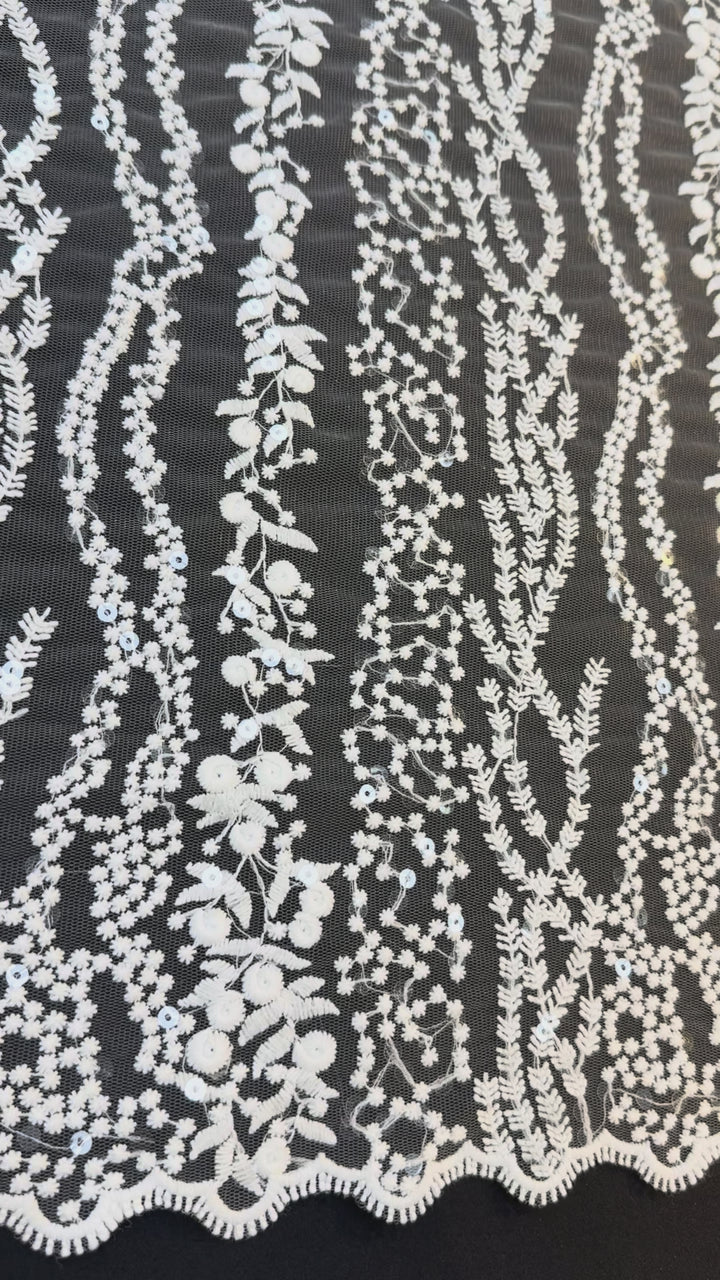 0Luxury White Floral Sequin Embroidered Tulle Lace Fabric – Bridal & Evening Wear
