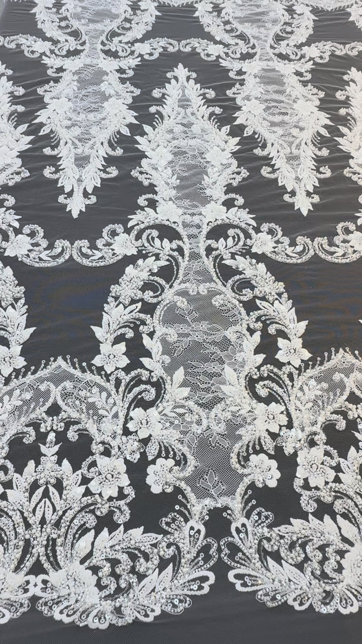 Luxury Baroque Floral Sequin Embroidered Lace on White Tulle( 1 Piece = 1.8 Meter)