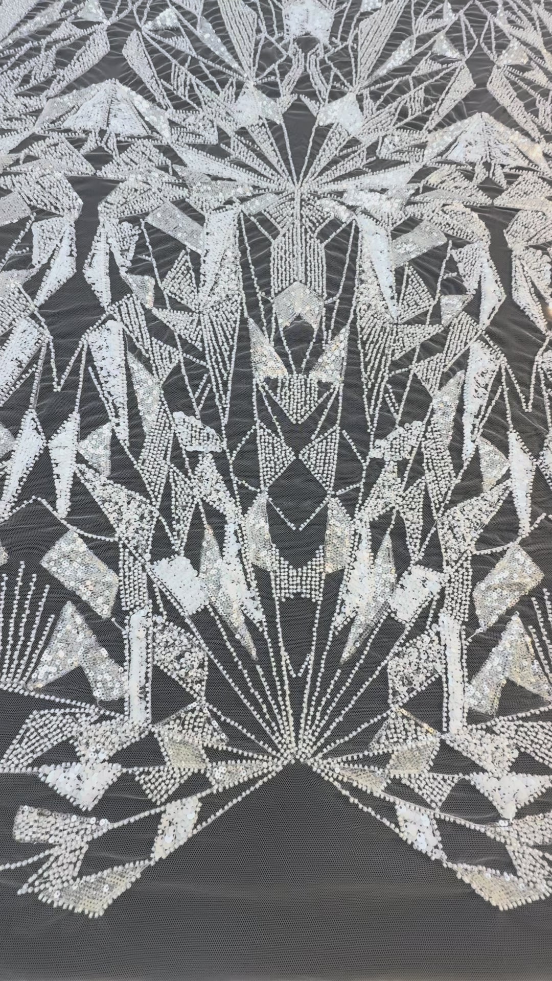 Art Deco Geometric Sequin Tulle Fabric –White Silver Embellished Luxury Couture( 1 Piece = 4 Meter)