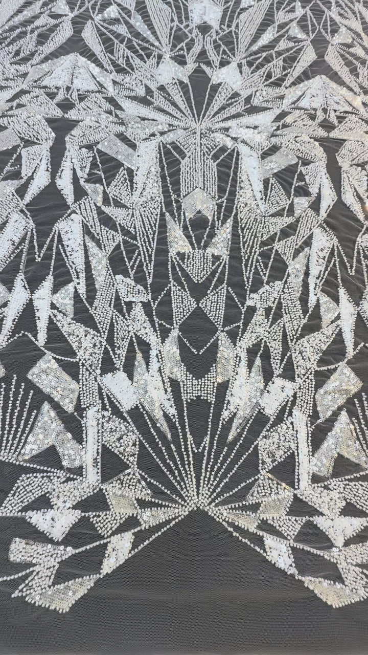 Art Deco Geometric Sequin Tulle Fabric –White Silver Embellished Luxury Couture( 1 Piece = 4 Meter)
