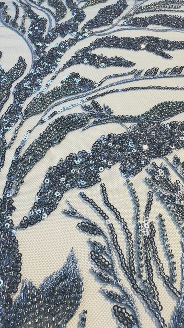 Luxury Steel Blue Sequin & Beaded Embroidered Tulle Fabric( 1 Piece = 2.5 Meter)